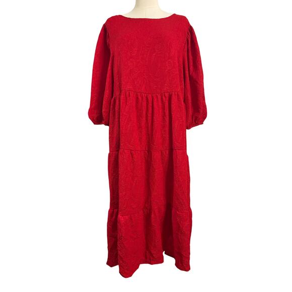 AVA & VIV Red Tiered Long Maxi Dress | Short Sleeve Shimmery Party Holiday | 1X - Picture 1 of 10